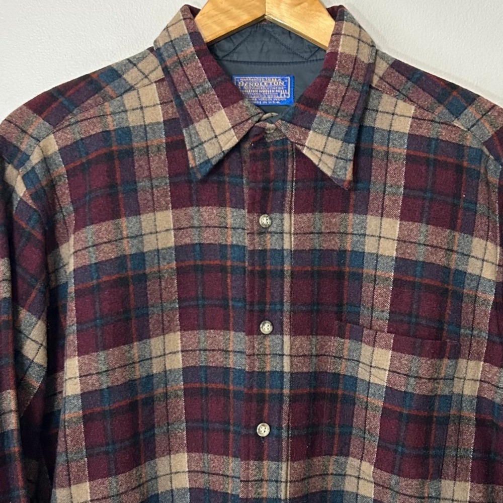 Pendleton Shirt Mens Large Burgundy Plaid Virgin Wool Flannel Made USA Heritage